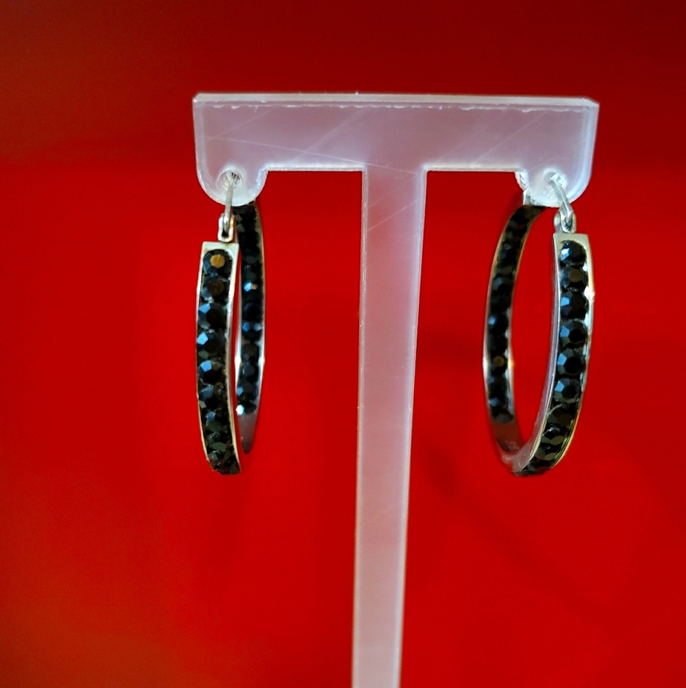 Black Tourmaline Thick Cut Hoop Earrings